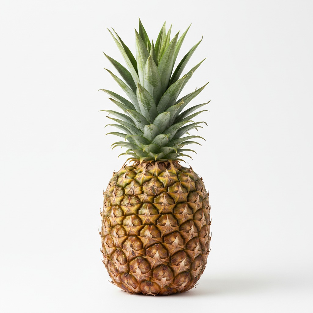 Een verse ananas met een groene kroon op een witte achtergrond.